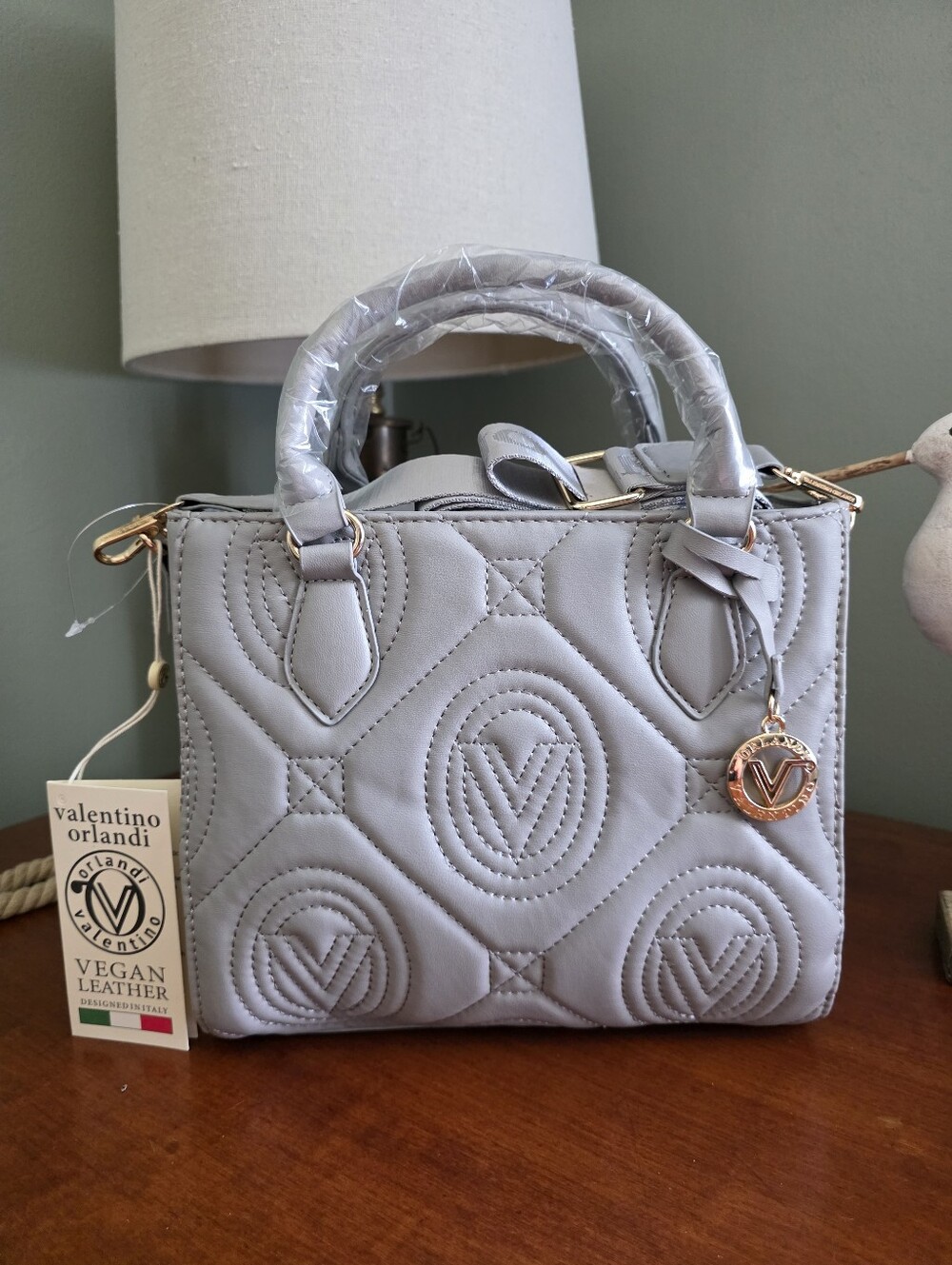 Valentino Orlandi Quilted Light Gray Vegan Leather Satchel Crossbody NWT